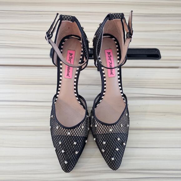 Betsey Johnson Black Mesh Ankle Straps Pointy Toe Stiletto Pumps Heels Size 8.5 - Picture 5 of 9